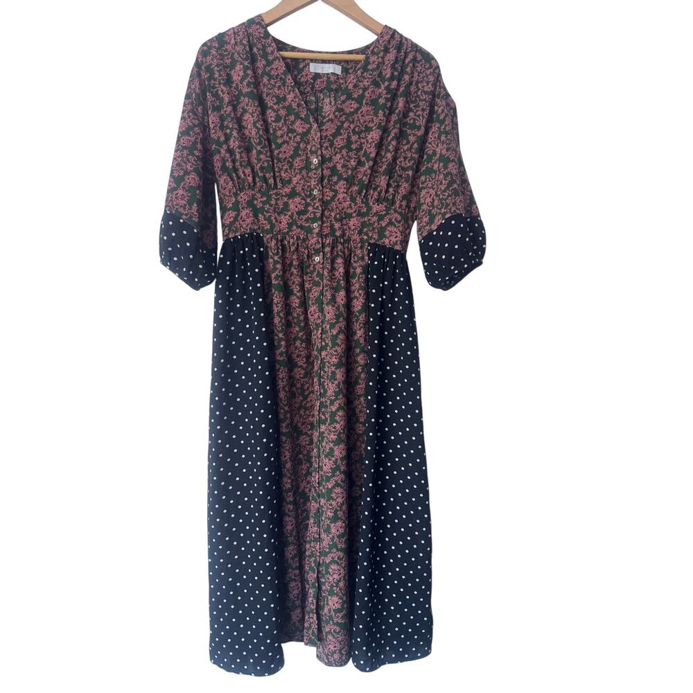 Discoat Parisien Mixed Print Floral Polka Dot Midi Dress Size F V-Neck